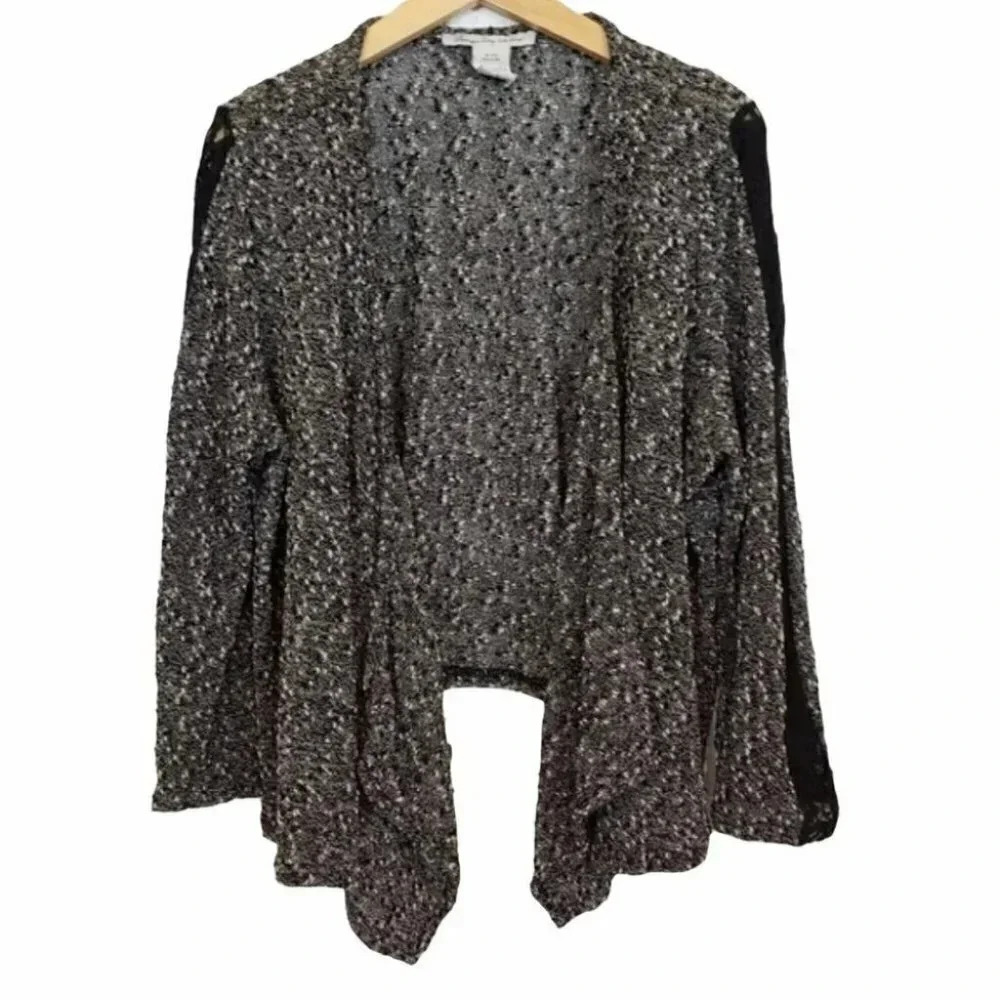 American Rag 1X black marble draped cardigan w/lace accent